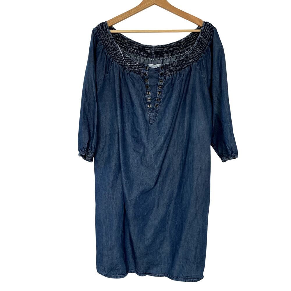 Boutique blue denim off the shoulder 3/4 sleeve steampunk dress 2X midi boho